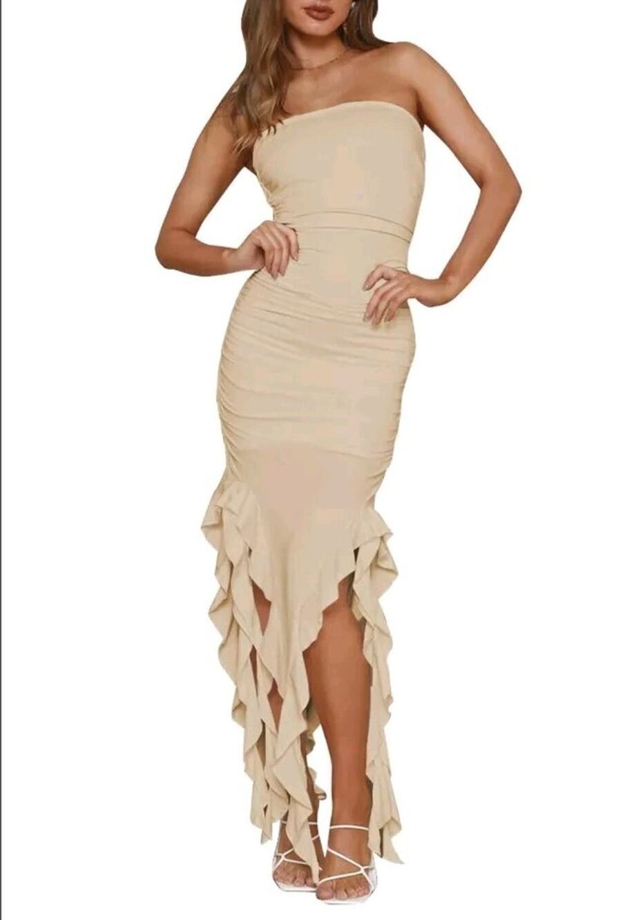 Pink Queen Womens Summer Sleeveless Bodycon Midi Dresses Mesh Ruffles M